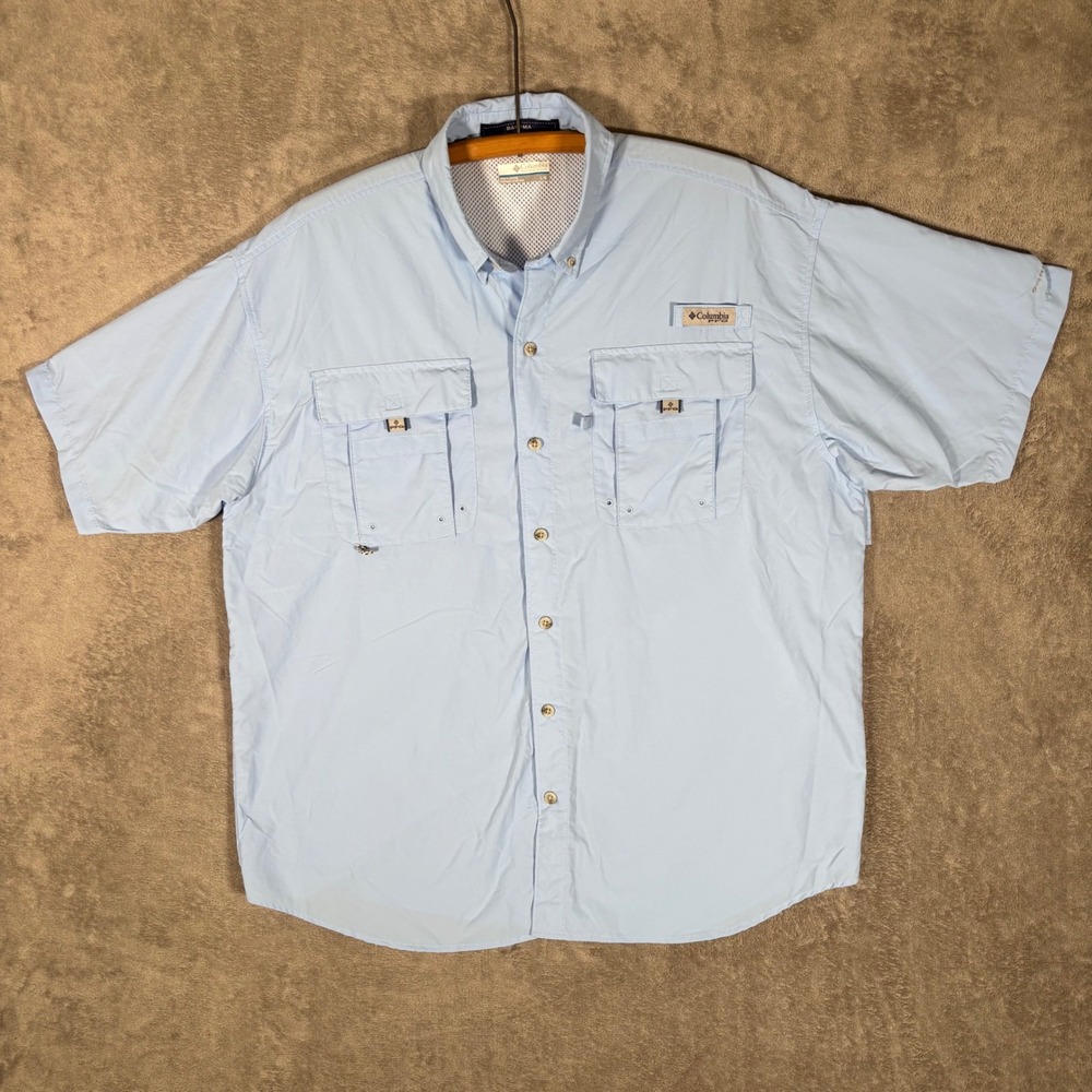 Columbia PFG Bahama II Short Sleeve Fishing Shirt Light Blue FM7047 Mens Large